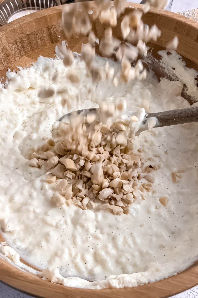 Chopped almonds mixed into risalamande pudding