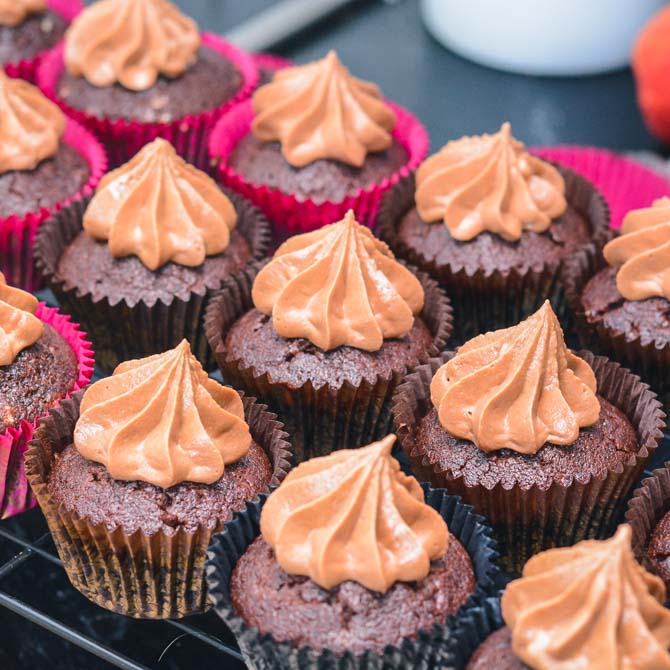 Chocolate buttercream on chocolate cupcakes