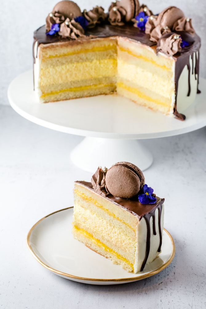 Chocolate layer cake with mango and passion fruit filling