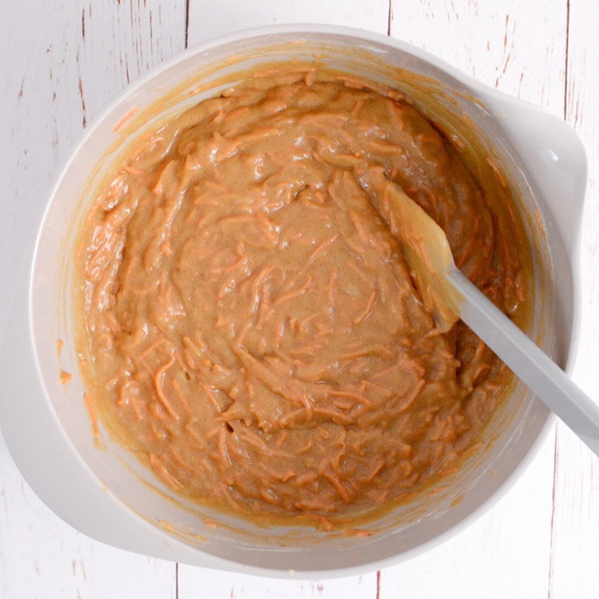 Carrot cake batter in a mixing bowl