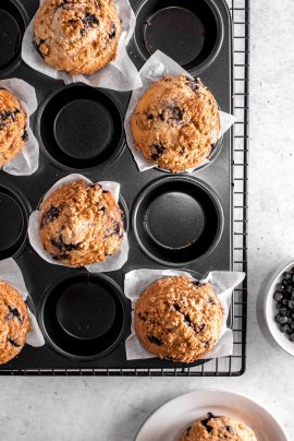Jumbo blueberry muffins baked in a muffin pan