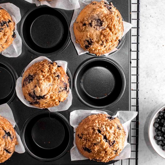 Jumbo blueberry muffins baked in a muffin pan