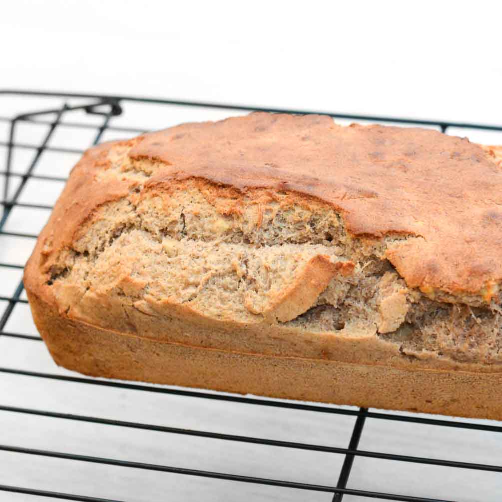 Loaf of gluten-free dairy-free banana bread sliced