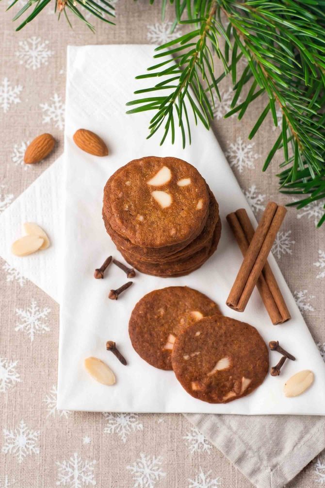 Stack of Danish brunkager brown spice cookies