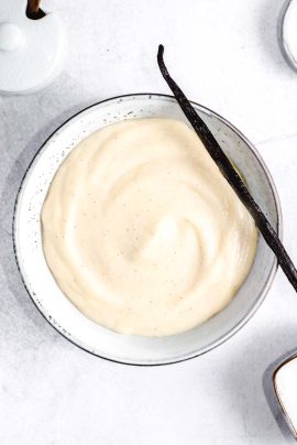 Bowl of vanilla pastry cream, smooth and pale yellow