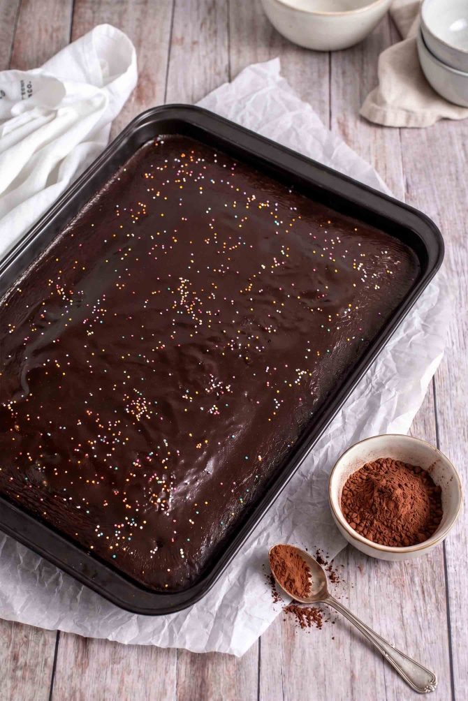 Chocolate sheet cake with chocolate frosting and sprinkles