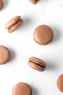 Chocolate macarons filled with dark chocolate ganache