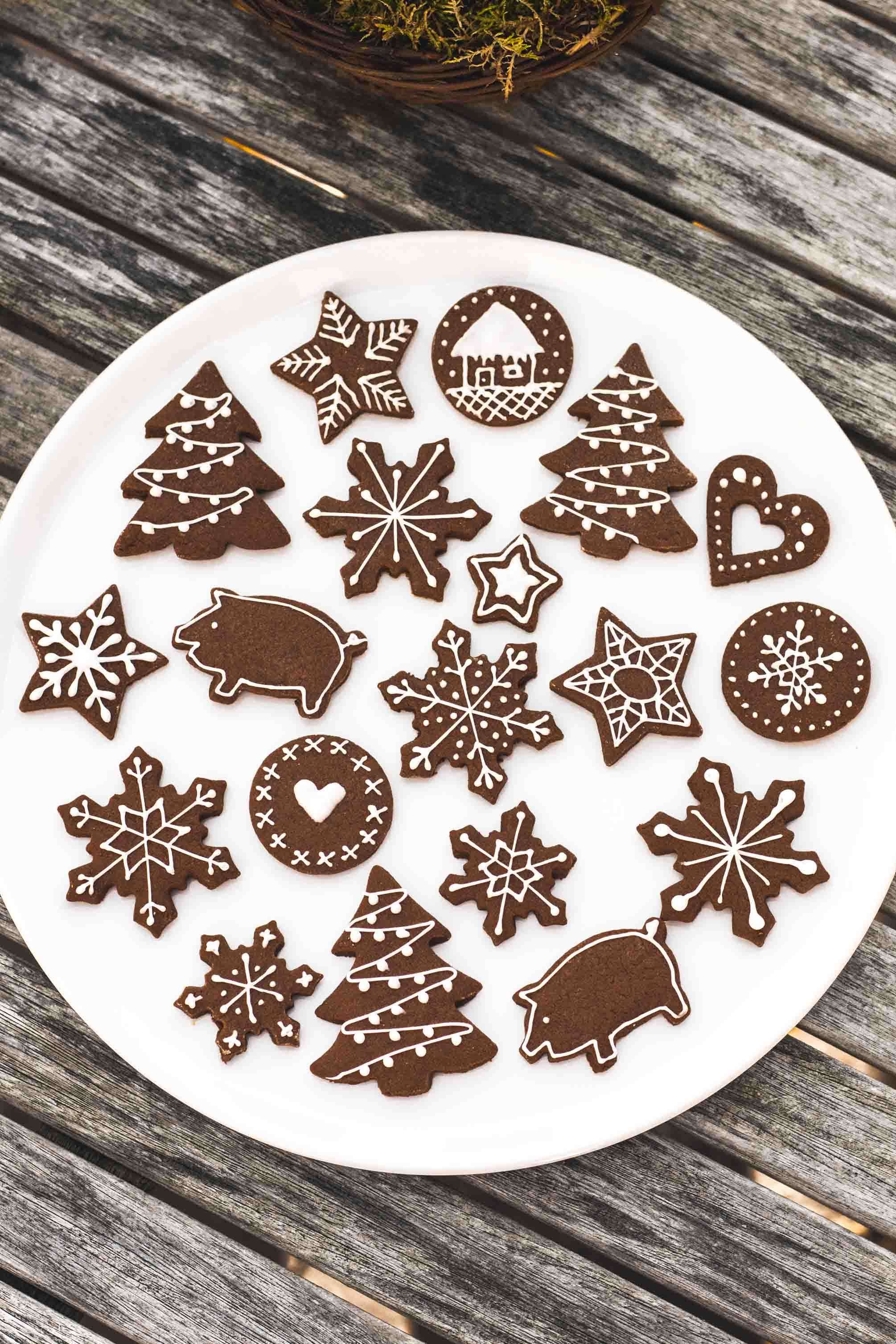 Chocolate sugar cookies decorated with icing