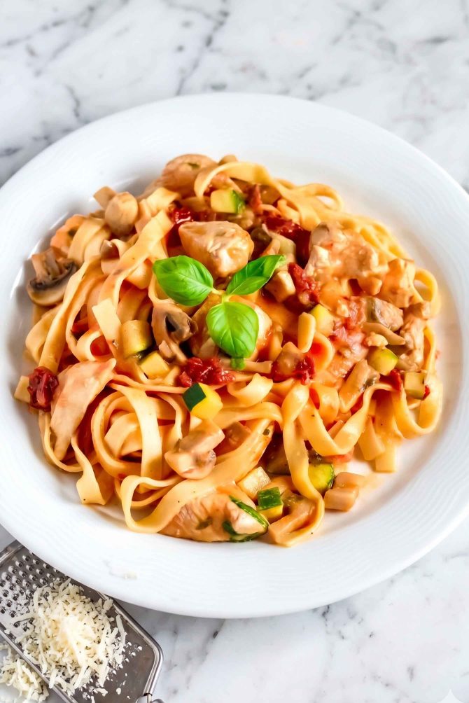 Plate of creamy pasta with chicken