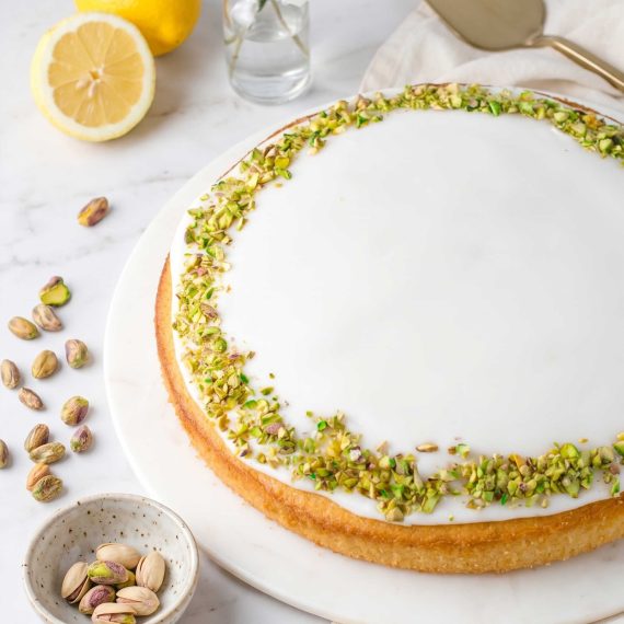 Lemon cake topped with chopped pistachios