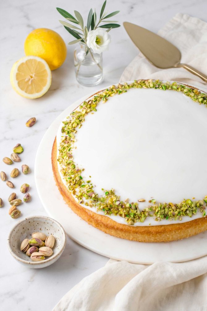 Lemon cake topped with chopped pistachios