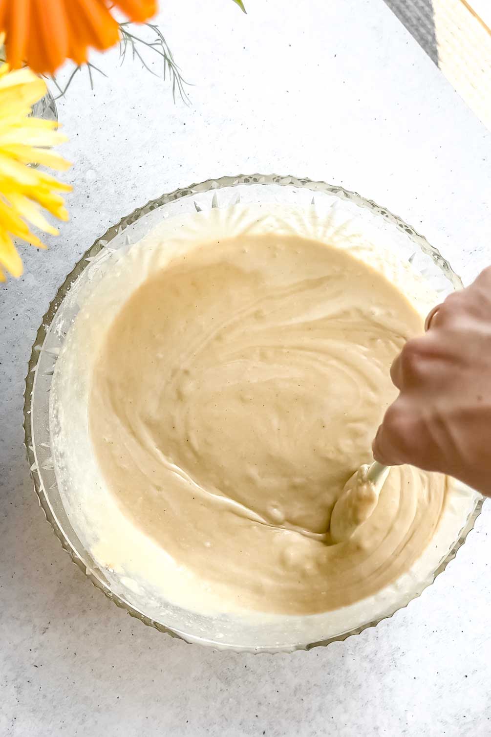Banana cake batter mixed and ready to bake