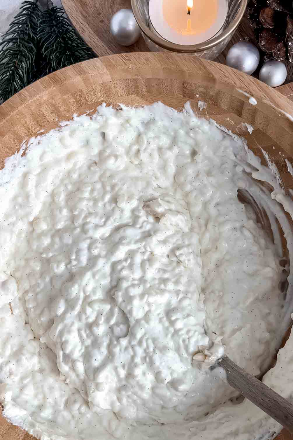 Bowl of finished Danish risalamande vanilla almond pudding