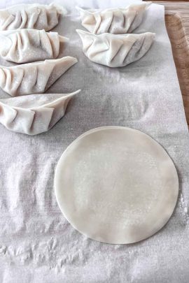 Hands folding gyoza dumpling wrapper into pleats