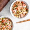 Fried rice with scrambled egg and prawns in a pot