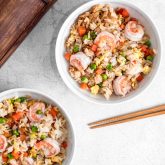 Fried rice with scrambled egg and prawns in a pot