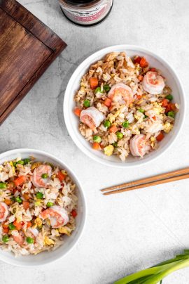 Fried rice with scrambled egg and prawns in a pot