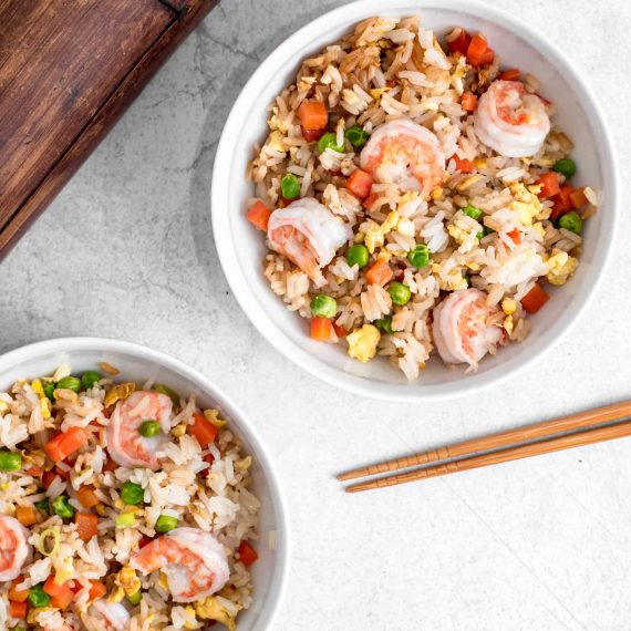 Fried rice with scrambled egg and prawns in a pot