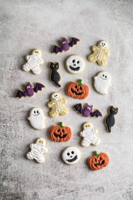 Decorated Halloween sugar cookies on a plate