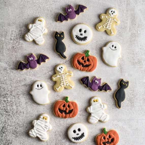 Decorated Halloween sugar cookies on a plate