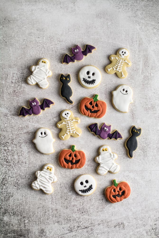 Decorated Halloween sugar cookies on a plate