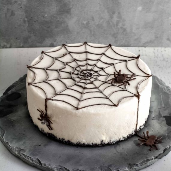 Halloween ice cream cake with a spider web pattern on top