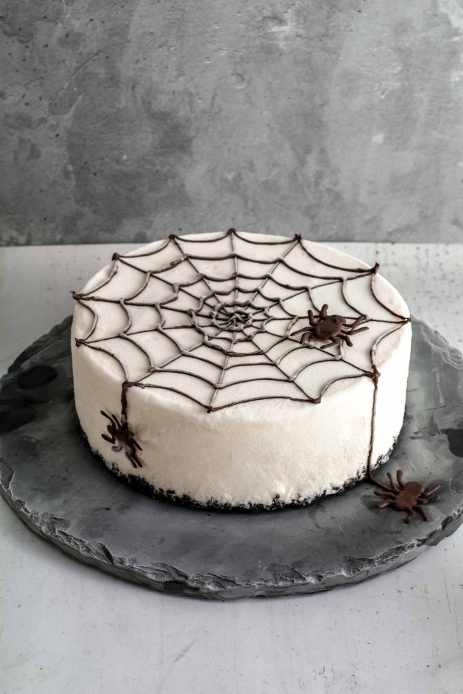Halloween ice cream cake with a spider web pattern on top