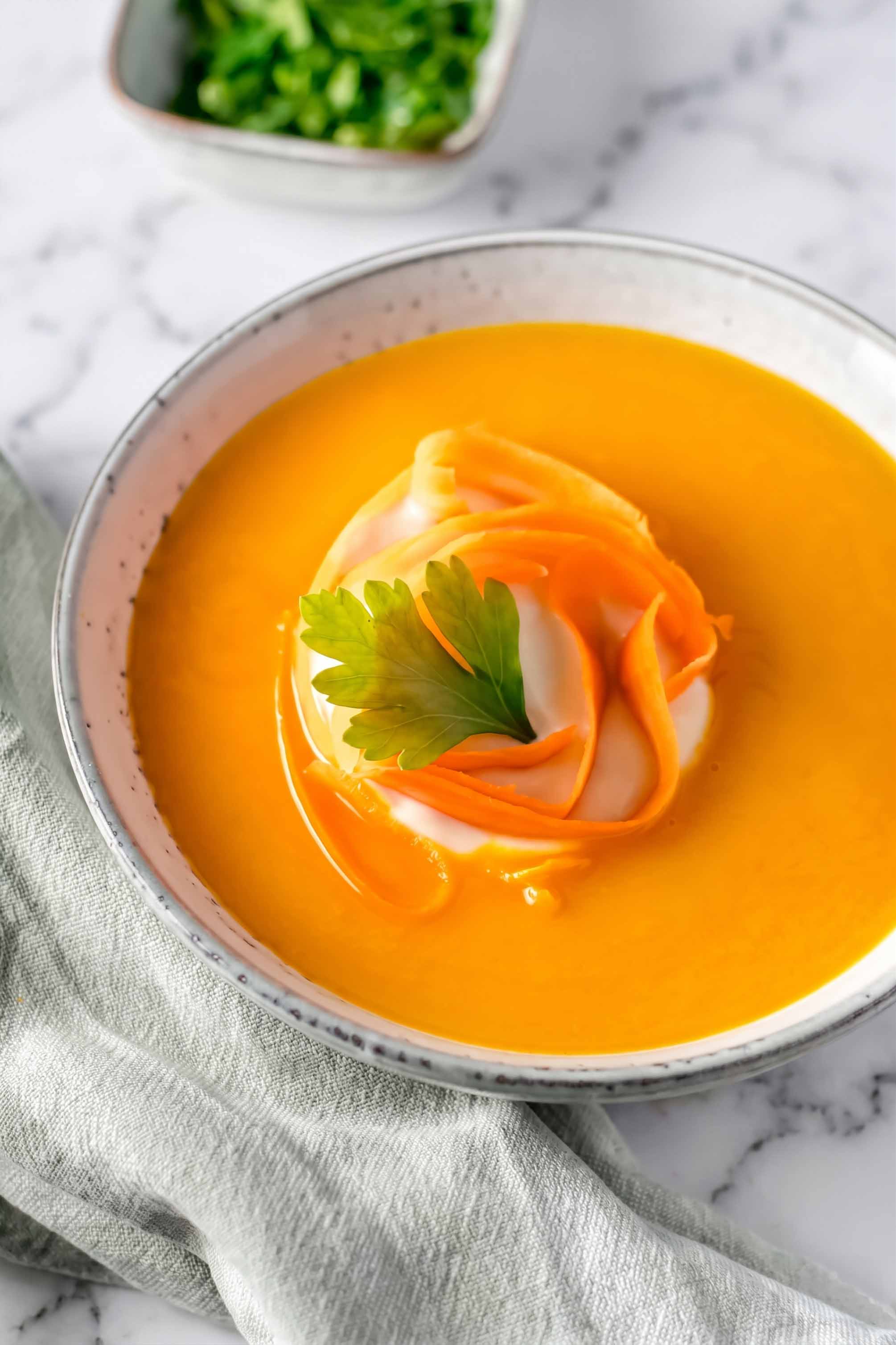 Bowl of creamy Hokkaido pumpkin soup