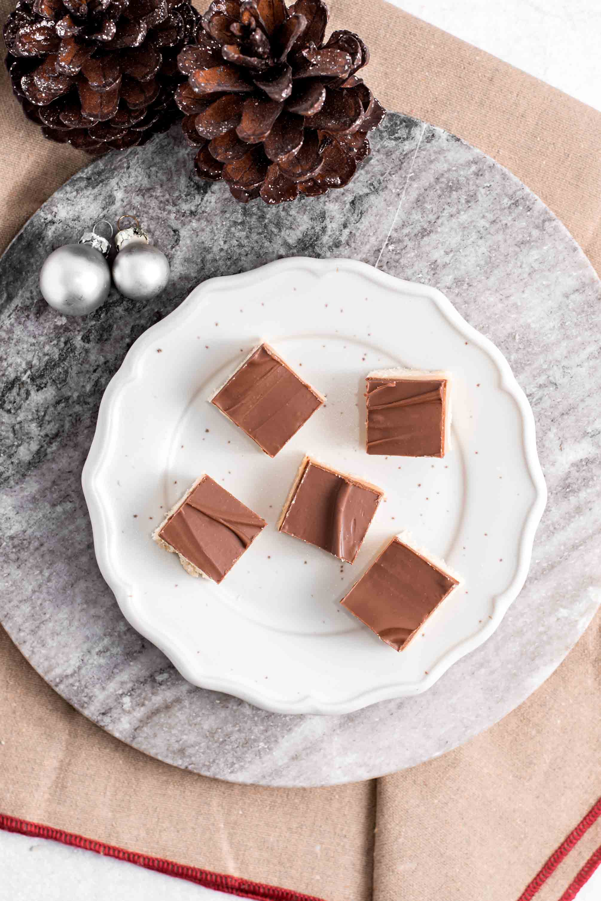 Sliced Twix bars showing chocolate, caramel and cookie layers