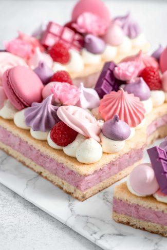 Pink raspberry number cake shaped like a number