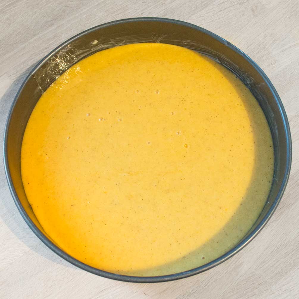 Pumpkin cake batter in a mixing bowl
