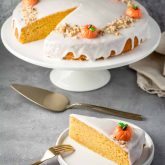 Halloween pumpkin cake ready for serving