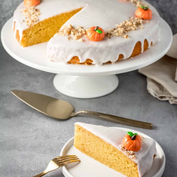 Halloween pumpkin cake ready for serving