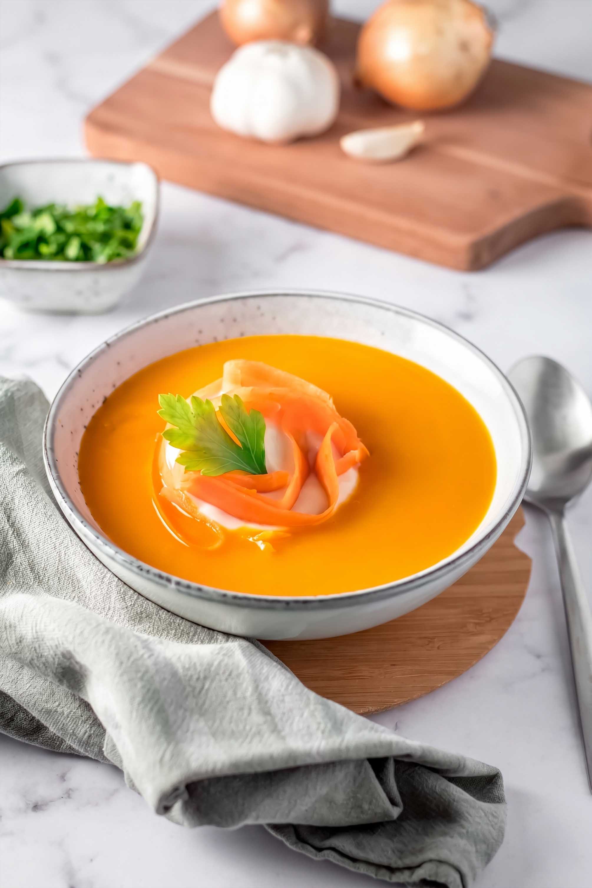 Hokkaido pumpkin soup served in a bowl