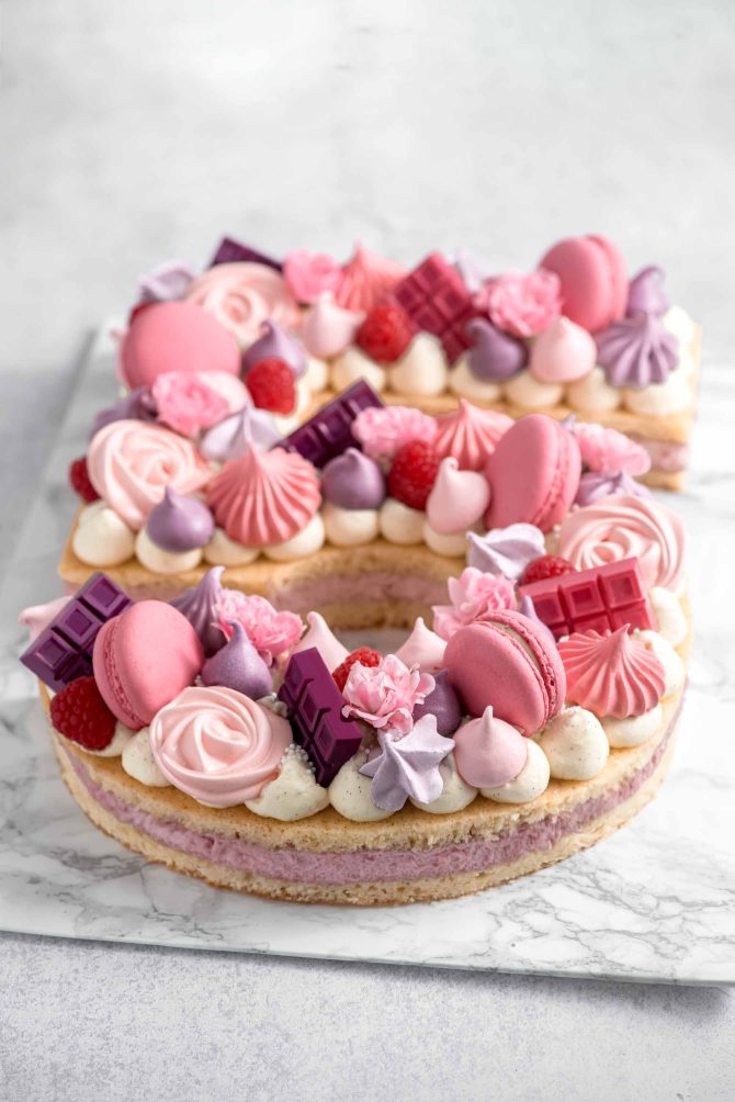 Finished raspberry number cake shaped like a number
