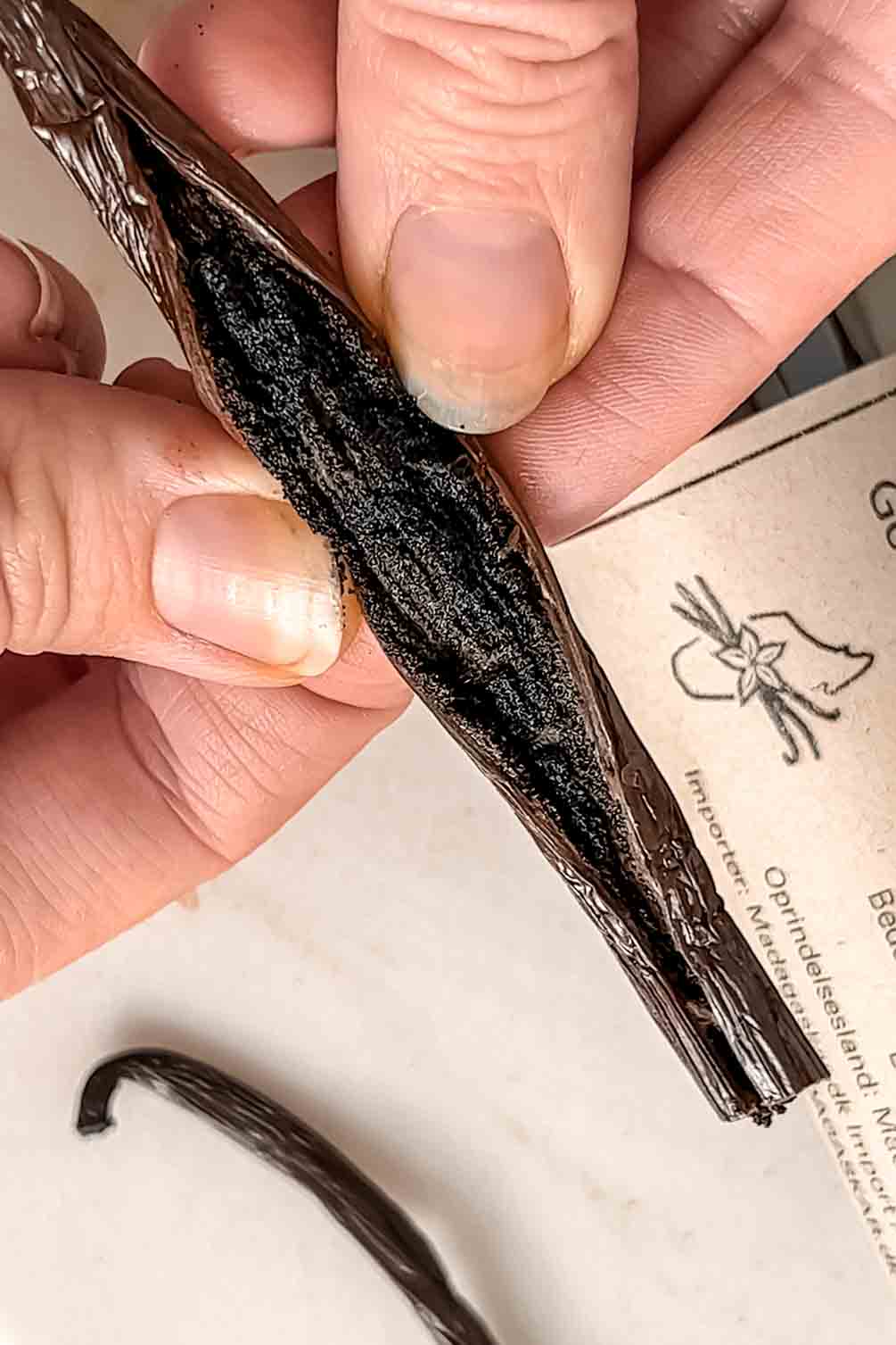 Vanilla bean seeds scraped from a split pod