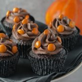 Chocolate Halloween cupcakes with M&Ms