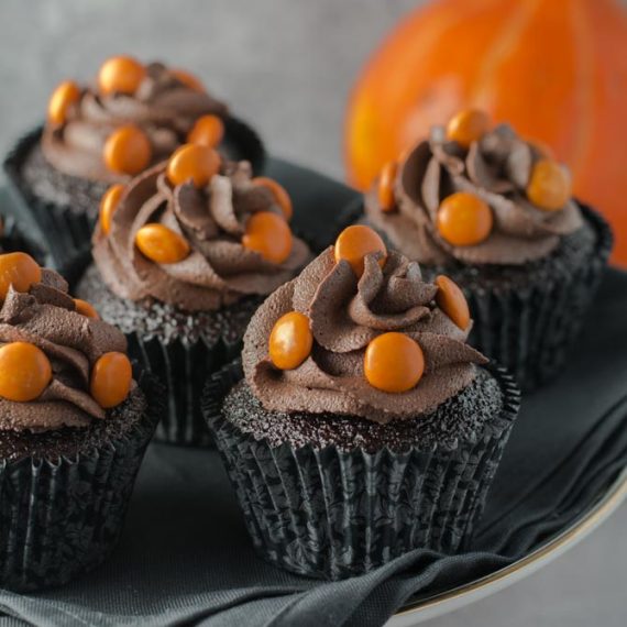 Chocolate Halloween cupcakes with M&Ms